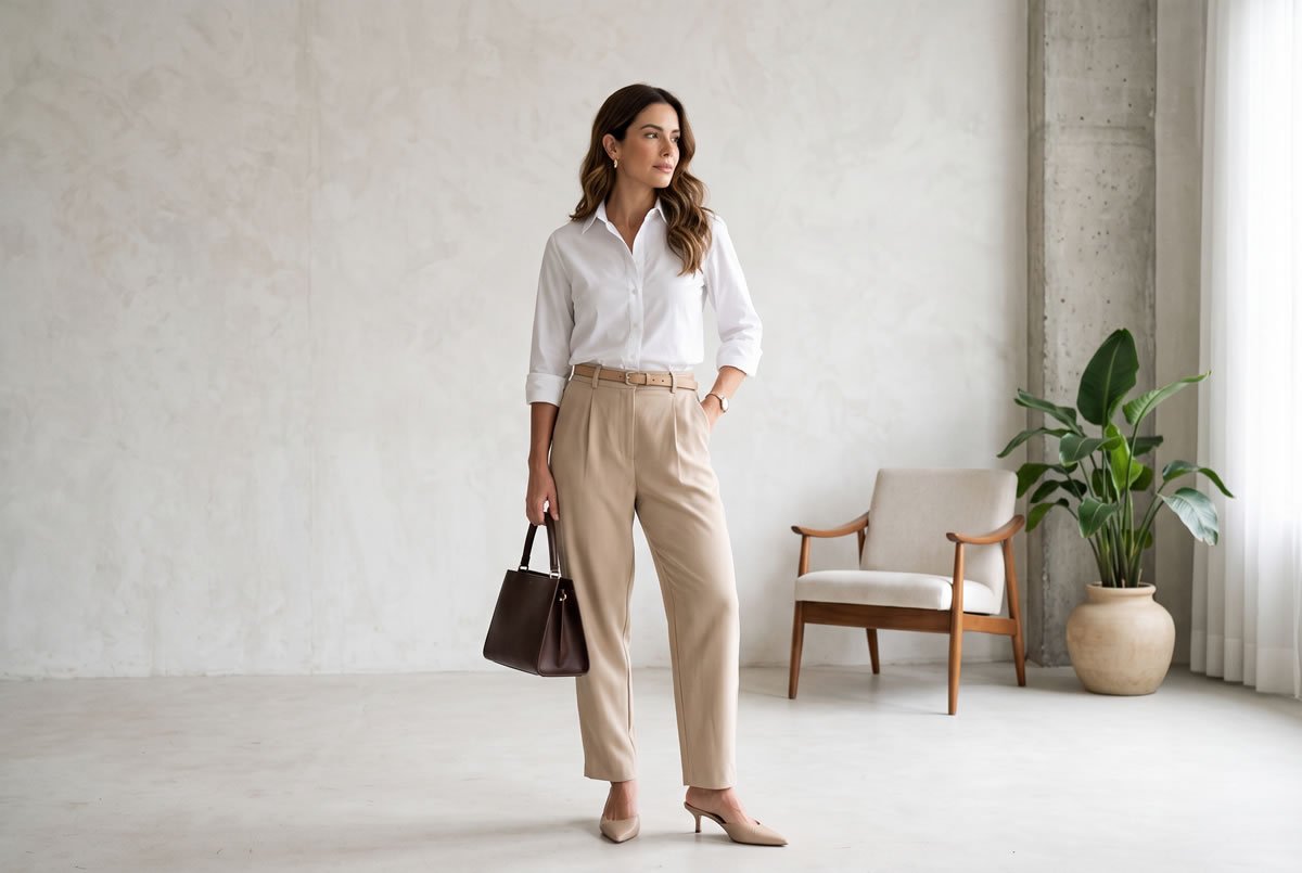 Mulher usando camisa branca com calça de alfaiataria em look elegante
