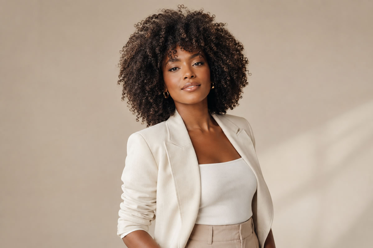 Mulher negra com cabelo crespo volumoso e corte em camadas