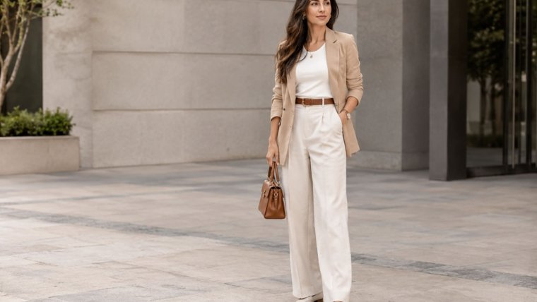 Mulher usando look elegante de meia-estação com terceira peça