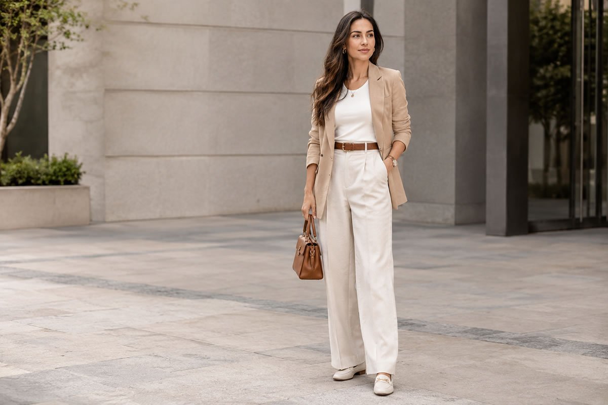 Mulher usando look elegante de meia-estação com terceira peça