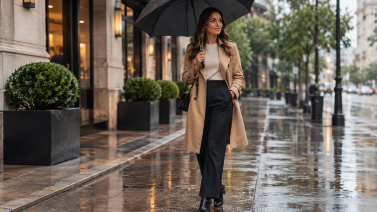 Mulher usando look elegante com trench coat e botas em dia de chuva