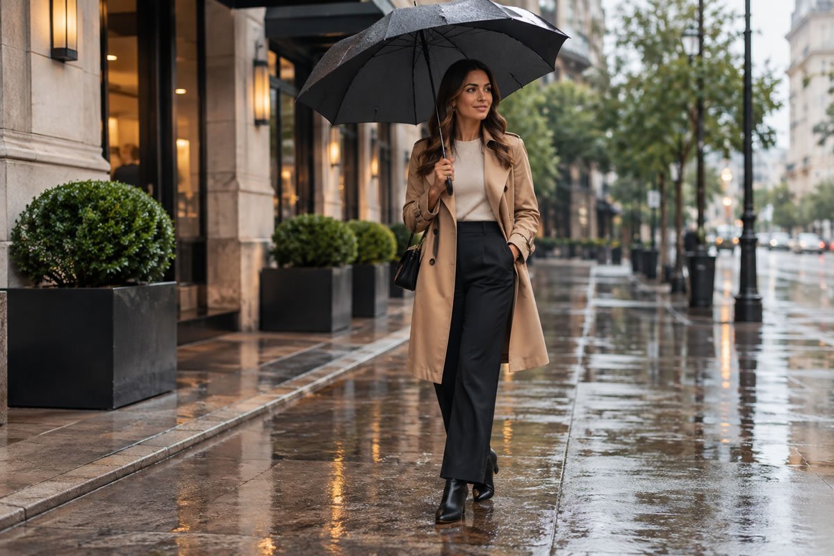 Mulher usando look elegante com trench coat e botas em dia de chuva