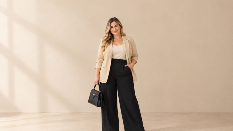 Mulher plus size usando look elegante com blazer e calça de alfaiataria