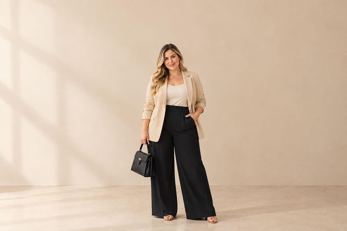 Mulher plus size usando look elegante com blazer e calça de alfaiataria
