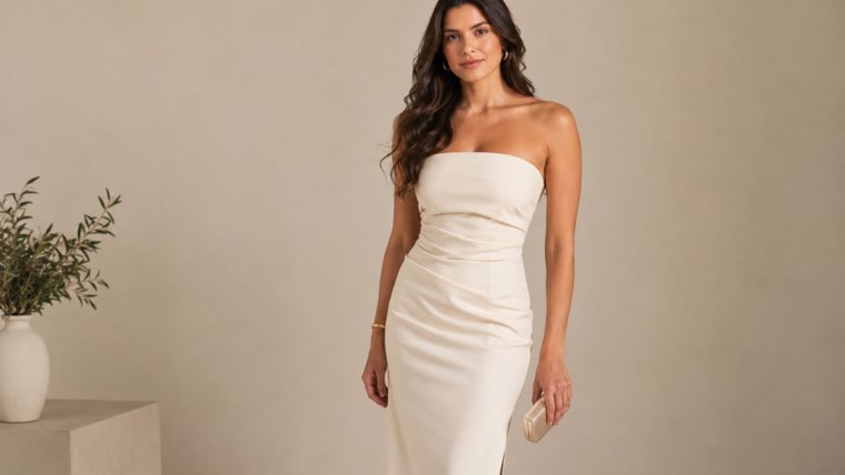Mulher usando vestido elegante com decote tomara que caia