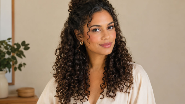 Mulher com cabelo cacheado usando penteado semipreso para o dia a dia