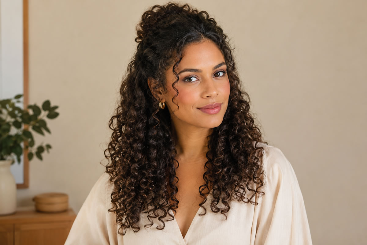 Mulher com cabelo cacheado usando penteado semipreso para o dia a dia