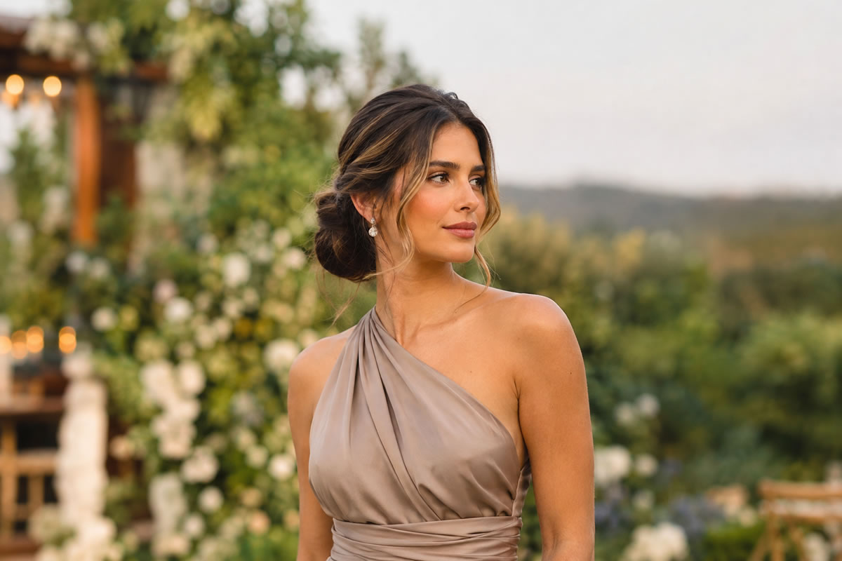 Penteado elegante para convidada de casamento com coque baixo